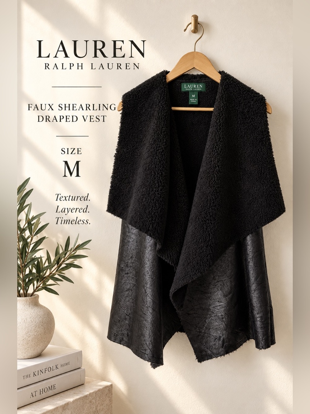 Lauren Ralph Lauren Faux Shearling Draped Vest Black Size M